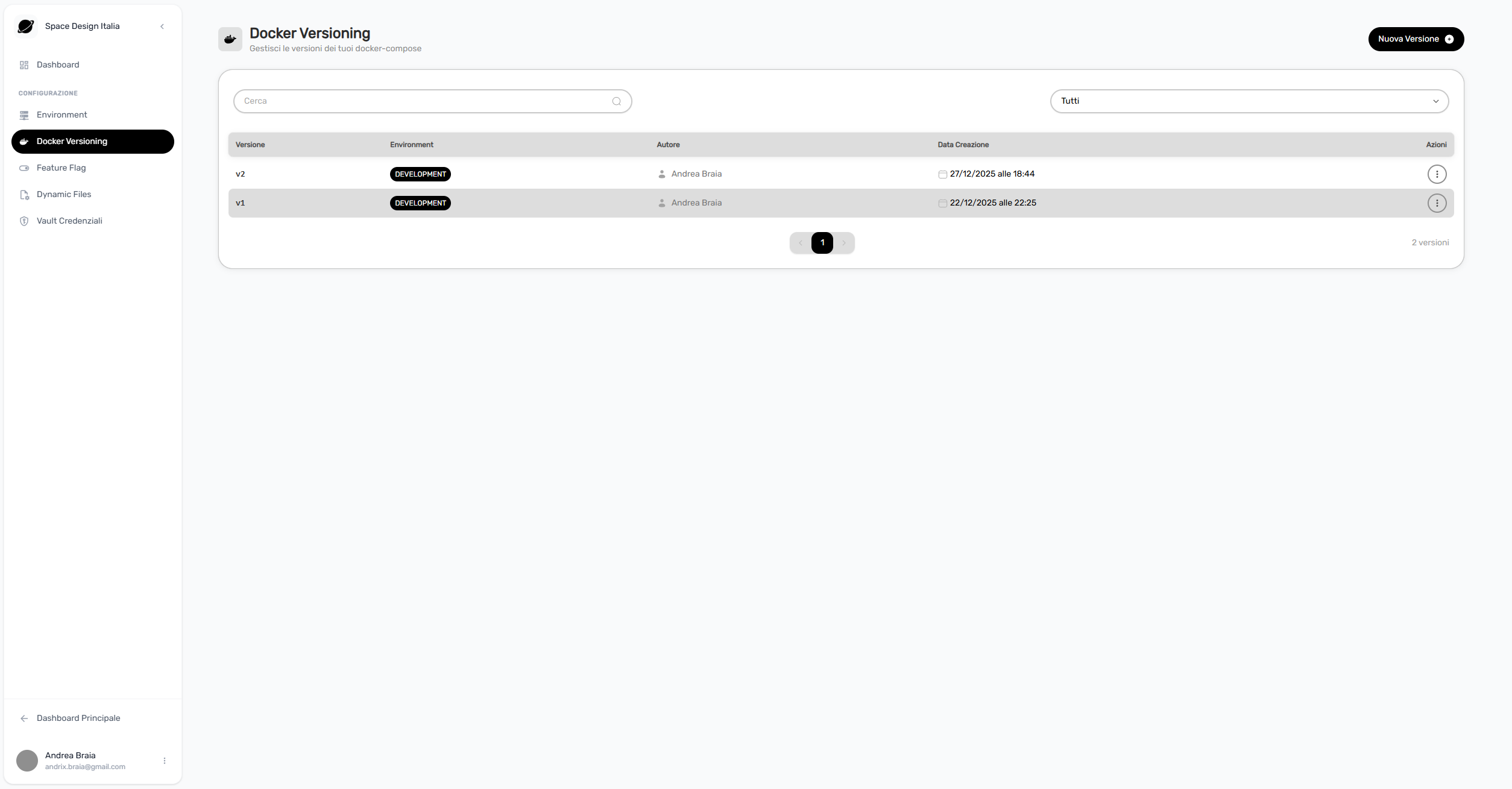 Dashboard Docker Versioning di Orbyt che mostra la gestione delle versioni docker-compose