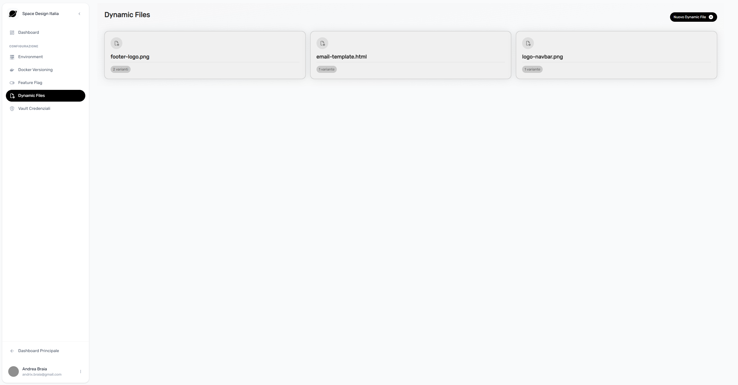 Dashboard Dynamic Files di Orbyt che mostra la gestione di file dinamici per ambiente