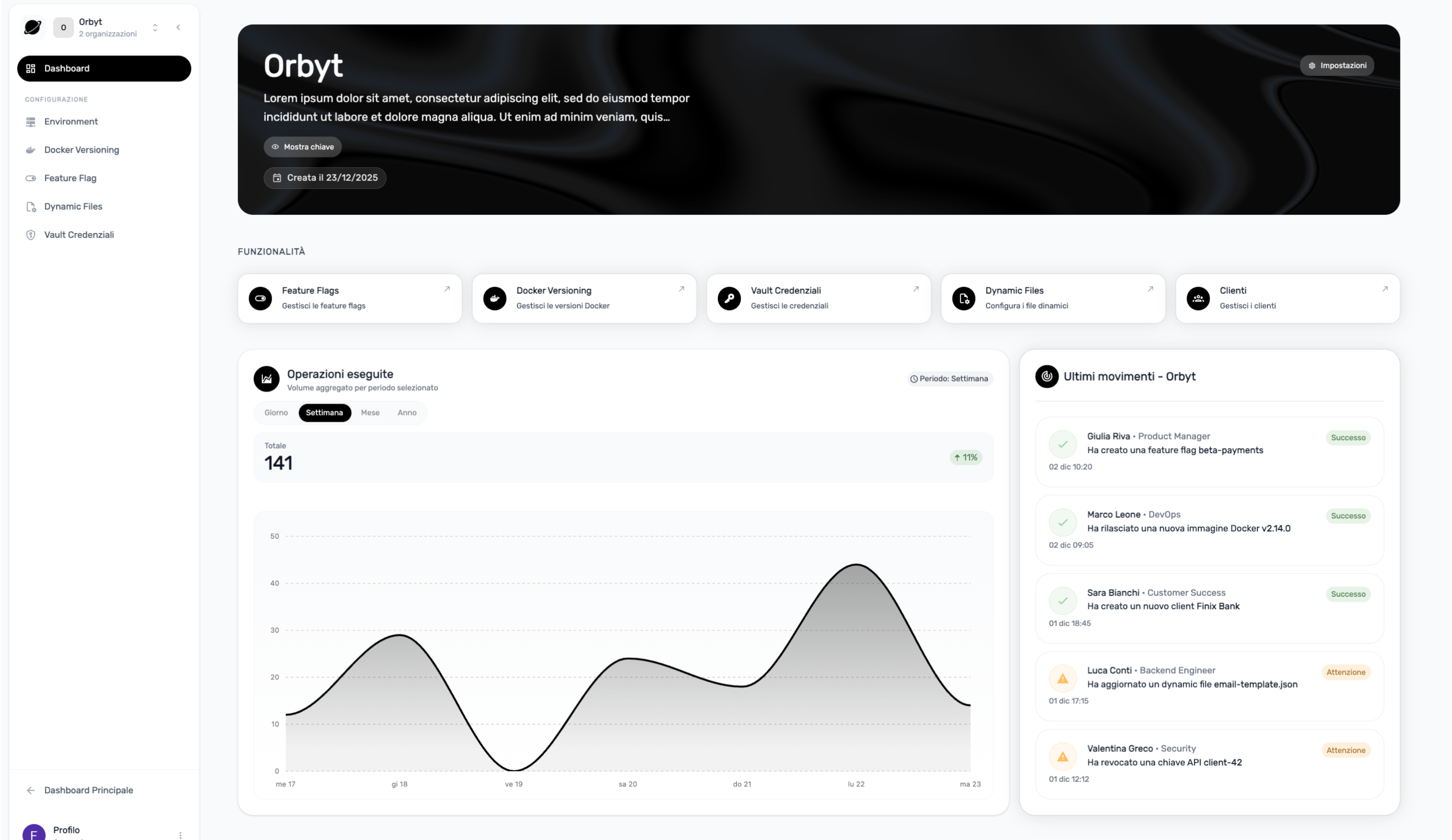 Dashboard Orbyt - Interfaccia per la gestione di feature flags, secrets e configurazioni in tempo reale